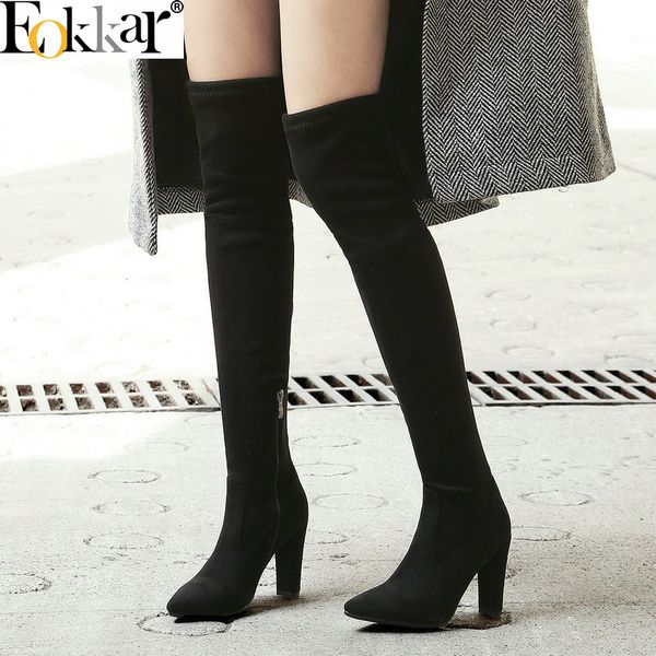 

eokkar 2020 women over the knee high boots flock casual women shoes boots pointed toe square heel ladies size 34-43, Black