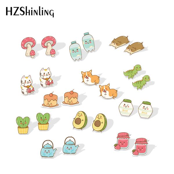 

new kawaii animals acrylic earring silver sweetie resin earring cat dog dinosaur epoxy shrink dinks earrings, Golden;silver