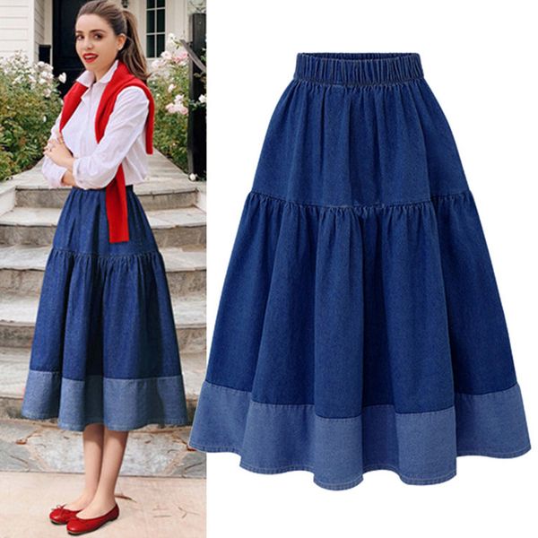 

women skirts vintage high waist ladies stretch maxi soft flared pleated swing blue solid color skirt autumn 2019, Black