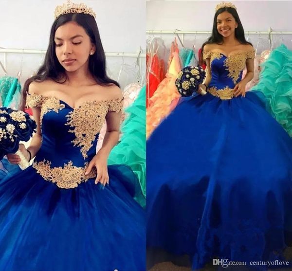 Königsblaue Quinceanera-Kleider, schulterfrei, mit Goldapplikationen, Perlen, Ballkleid, Abschlussballkleid, maßgeschneidertes Kleid für das Bonbon 16, gratis Petticoat