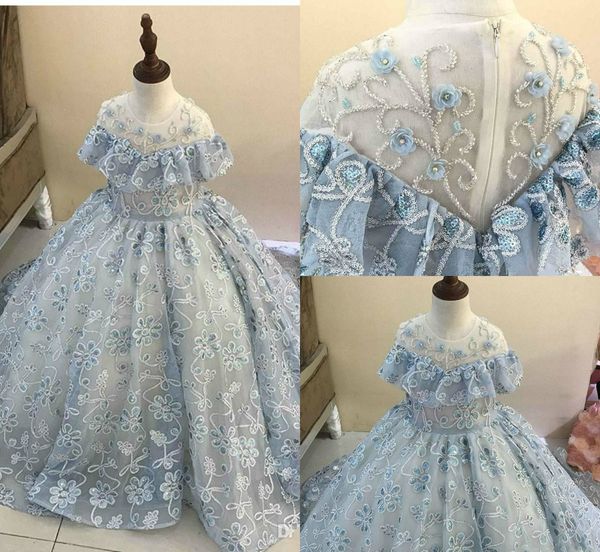 Hellblaue Blumenmädchenkleider für die Hochzeit, Tüll, applizierte Perlen, Pailletten, Ballkleid, Festzug-Kleid für kleine Mädchen, Erstkommunion-Kleider