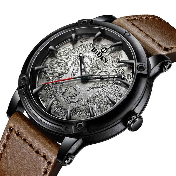 

mens watches men simple waterproof leather strap analog quartz wristwatch biden new fashion stylish wolf dial, Slivery;brown