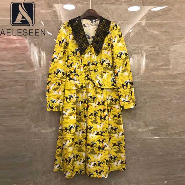 

aeleseen runway мода желтый платье 2020 весна лето животных цветочные печати складки кружева лоскутная mid элегантная платье партии, Black;gray