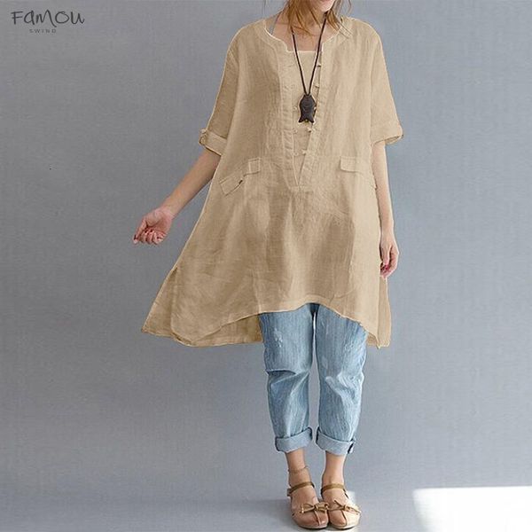 

Summer 2019 Women Hem Linen O Neck Short Sleeve Party Baggy Tops Split Hem Blouse Irregular Cotton Shirt Plus Size