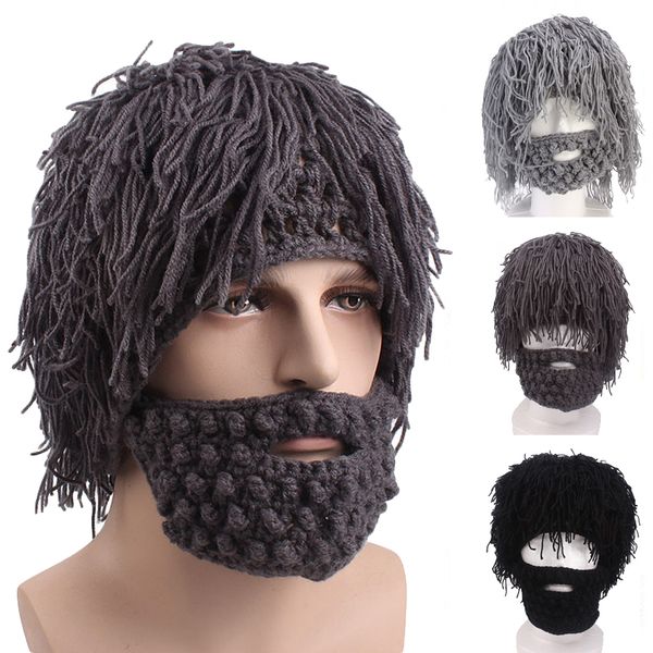 New Winter Men Handmade Wig Beard Hats Crochet Moustache Knit Halloween Party Funny Caps Face Nappa Bicycle Mask Warm Hat