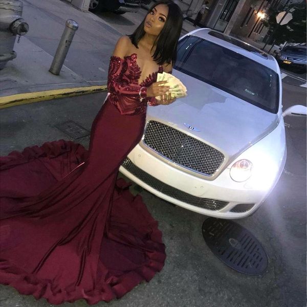 

burgundy mermaid prom dresses 2019 new black girls pageant gowns sequined long sleeve off-the-shoulder formal evening party gowns p203