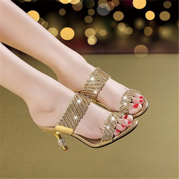 

thin heels shoes woman 2020 gold sandals woman's slippers heeled mules glitter slides rubber flip flops med new high jelly soft, Black