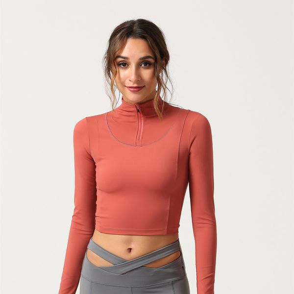 

women sport cropped zipper long sleeve yoga shirt gym quick dry breathable stretch fitness clothes running sportswear, Black;red
