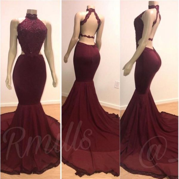 

2019 african mermaid long prom party dresses burgundy lace applique beaded backless sweep train evening gowns vestidos de festa bc0805