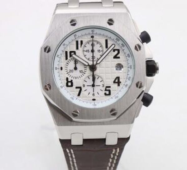 

business style 42mm royal oak offshore leather band mens watch fine workmanship white dial man watches quartz chronograph wristwatches, Slivery;brown