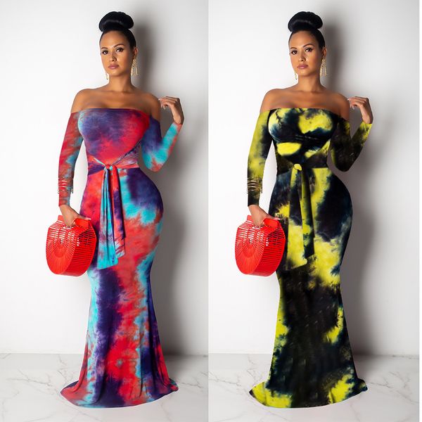 

women's strapless long-sleeved wrapped chest skirt hit color tie dyed slim bag hip fishtail dress casual dresses, Black;gray