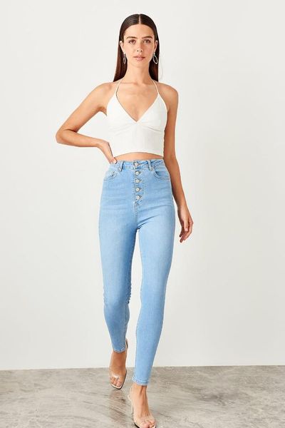 

trendyol light blue front button high waist skinny jeans twoss19mo0022
