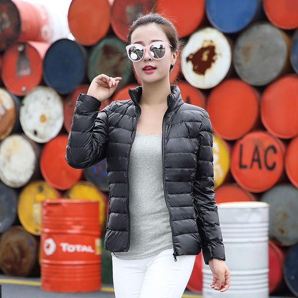 

thin down jacket women's short stand collar hooded fashion korean-style slim fit autumn and winter large size women's coat manuf, Black;white