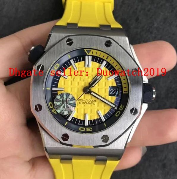

men's 42mm eta cal.3120 date men royal yellow dial 15710 rubber waterproof diver miyota offshore diver sport wristwatch, Slivery;brown