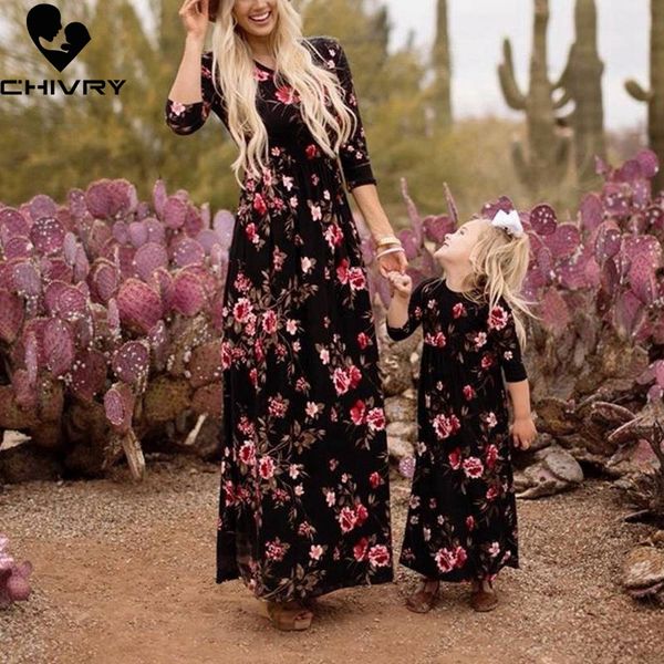 

new mother daughter dresses sleeveless floral long dress mother daughter clothes mom and dress family matching clothes, Blue