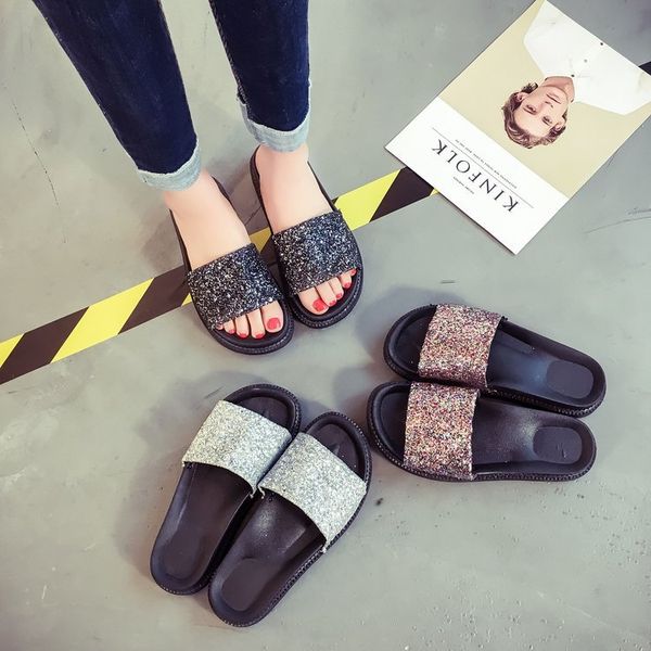 

2018 summer new style korean-style sequin straight line comfortable flat sandals women's shoes sandals, Black