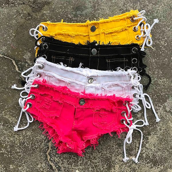 

women side lace up tassel denim jeans night club low pants solid low waist super mini shorts pants vaqueros#y30, Blue