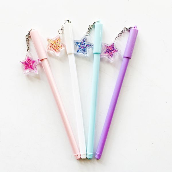 

2x cute shiny colorful star pendant gel pen rollerball pen school office supply student stationery 0.5mm black ink