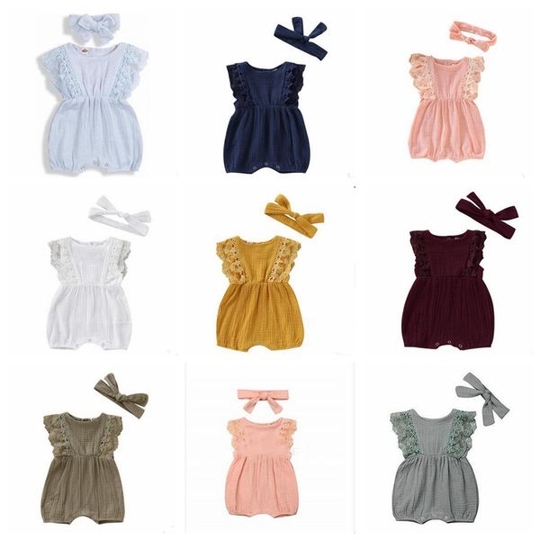 Newborn Lace Ruffle Pagliaccetto Baby Summer Boxer Tuta Fascia 2 pezzi Ragazze Tute color caramella Cool Tutine traspiranti Vestiti per bambini ZYQ332