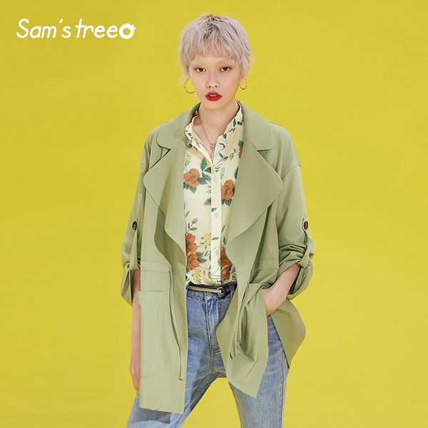 

women short trenchs with belt turn down collar office lady classic fabrics short trench coats work casual outerwear, Tan;black