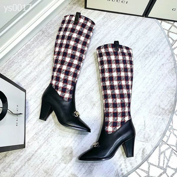 

fashion autumn and winter european and american catwalk fashion boots high-heeled square head color matching leather knight boots, Black