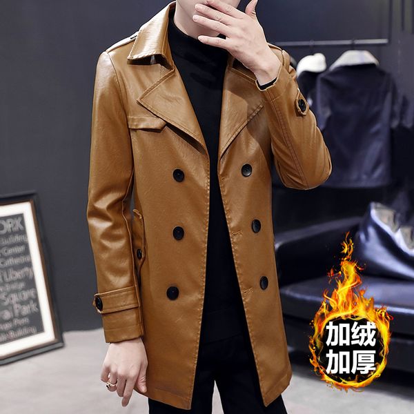

fashion men's pu leather long coat double breasted lapel casual jacket solid overcoat mens leather jacket thick warm outwear k2, Black