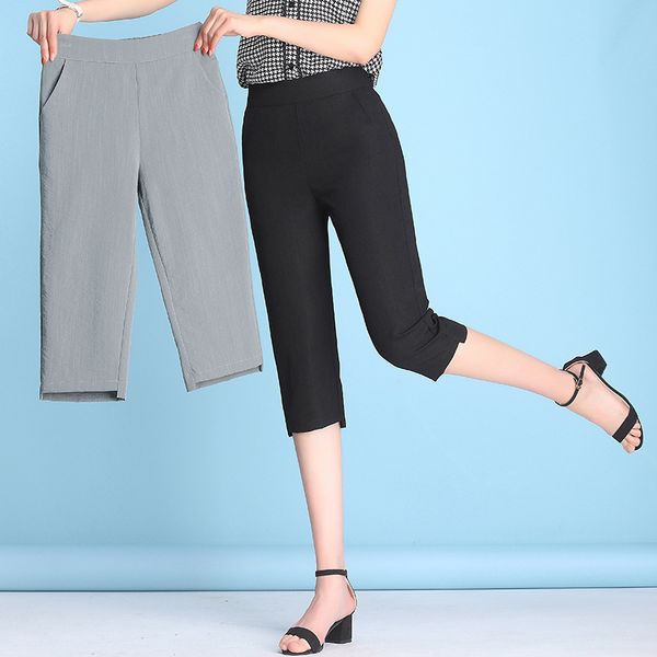 

2019 summer thin cropped trousers women cool ice silk cotton linen pencil pants capri pants plus size 4xl female casual, Black;white