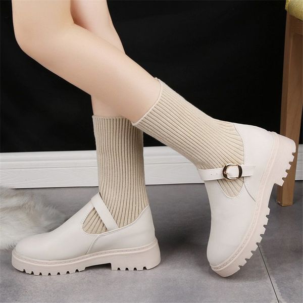 

2020 new combat women winter boots buckle gothic black sock platform boots leather ankle women shoes fashion botas mujer