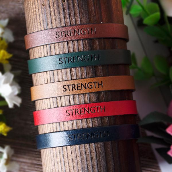 

kcaloe personality genuine leather bracelet for men women engrave strength letter jewelry friendship couple gift 5 colors, Golden;silver