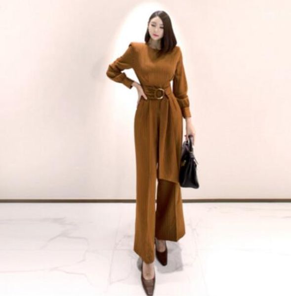 

women's autumn new elegant lady fashion striped small round collar waist long sleeve jumpsuit, White