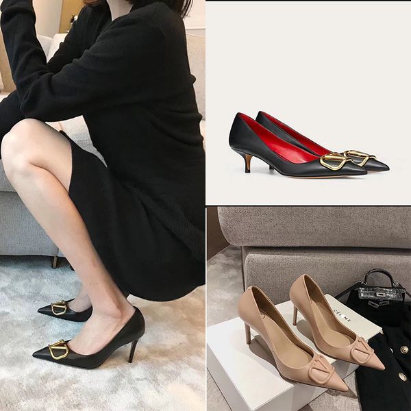

high-heeled shoes women's thin heels 2020 all-match temperament metal v buckle french pointed single shoes shallow-mouth women's y, Black