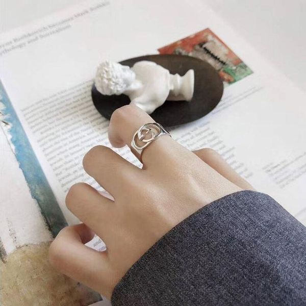 

g s925 sterling silver ring simple versatile hollow letter opening wide face ring index finger female ring