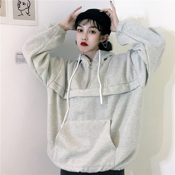 

2019 autumn new women hoodies casual solid loose drawstring sweatshirt fashion long sleeve hooded female pullover, Black