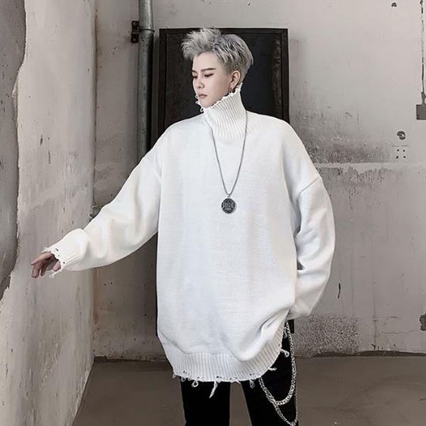 

мужчины водолазка отверстие сыпучие твердая вязаные пуловер свитер осень зима мужчины женщины street hip hop punk gothic свитер, White;black