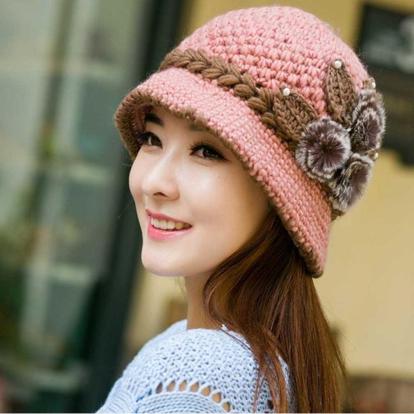 

women lady winter warm casual caps female beautiful wool crochet knitted flowers decorated ears hats gorros mujer invierno c1217, Blue;gray