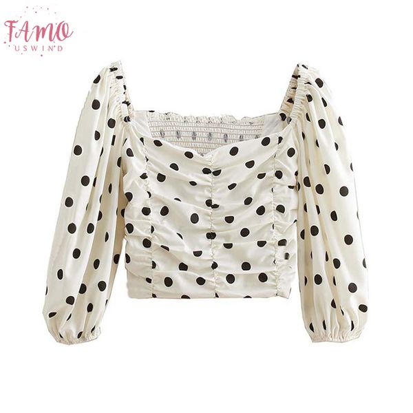 

women polka dots short style blouse slash neck back elastic lantern sleeve side zipper sweet crop blusas da248, White