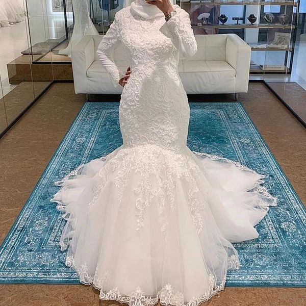 

arabic muslim long sleeves lace mermaid wedding dresses 2020 with beaded appliques high neck sweep train tulle wedding bridal gowns, White
