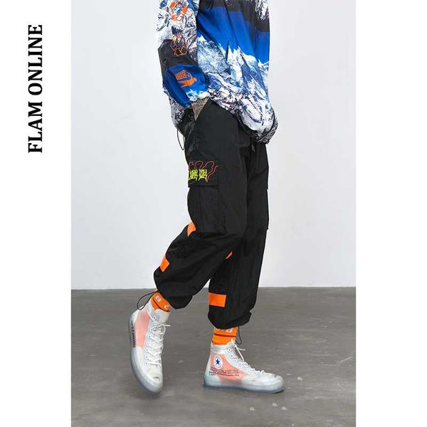 

flam online 2019 brand clothes sweatpants wind breaker pants night street wear sporting fluorescent loose fit trousers, Black