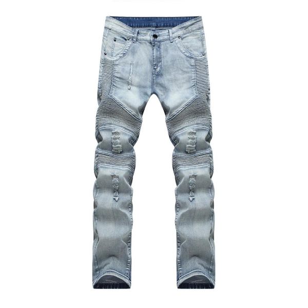 

wholesale-male biker jeans destroyed denim fabric elastic slim fit washed denim skinny pants joggers skinny men ripped trousers, Blue