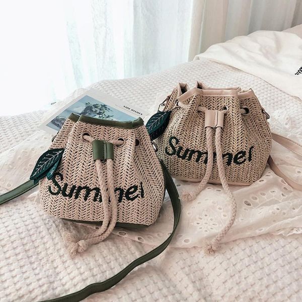 

2020 women vintage beach straw bag ladies handmade woven rattan messenger bag straw bucket bolsos women's shoulder messenger