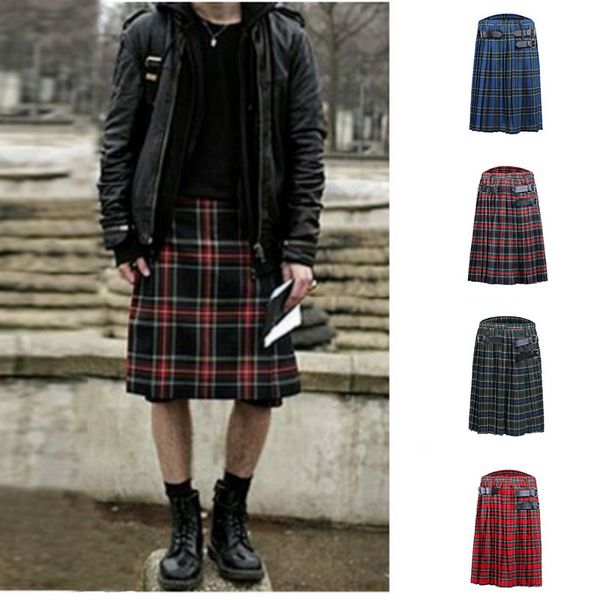

2019 casual pleated scottish kilts mens fashion pants cargo personality trousers plaids pattern loose half skirts for male, Black