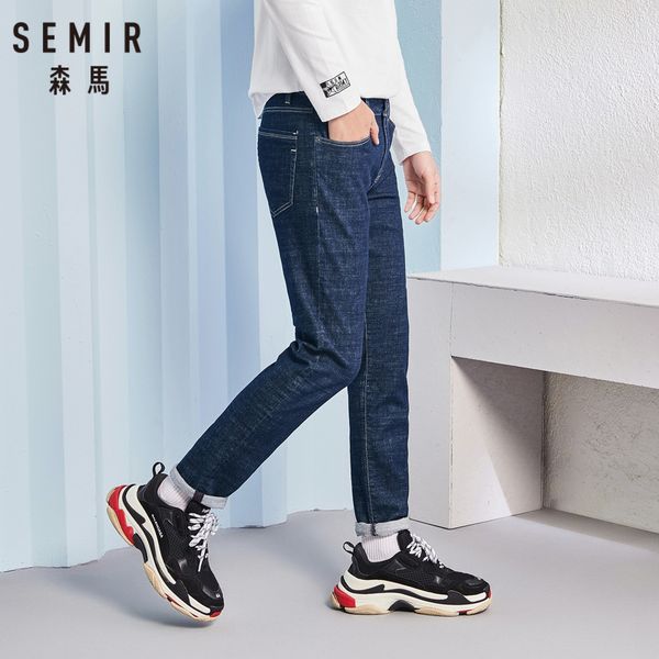 

semir men retro jeans in washed denim with side pocket men's slim fit cotton jeans with zip button for spring autumn, Blue