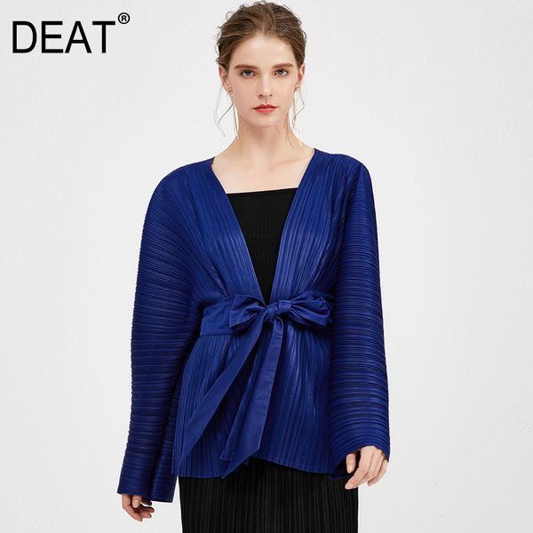 

deat] 2020 новая плиссированная женская футболка японский стиль свободная талия batwing sleeve lace-up v воротник кардиган одежда для отдых, White