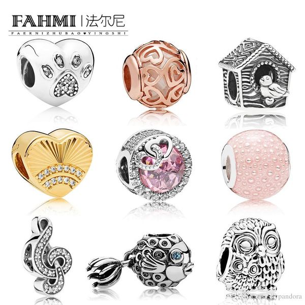 

fahmi 100% 925 sterling silver fish skewers owls beads bird house sparkling roses women's charm diy bracelet jewelry ing, Black
