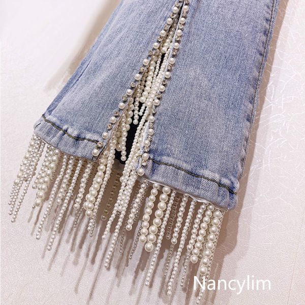 

nail-pearl бахромой высокой талией джинсы брюки женская дрель воды жемчуг светло-цветной тонкий мода женщины клуб джинсы брюки nancylim, Blue