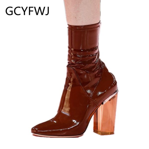 

gcyfwj transparent pvc heels women's shoes high heel patent leather elastic socks boots tube slim short boots luxury design, Black