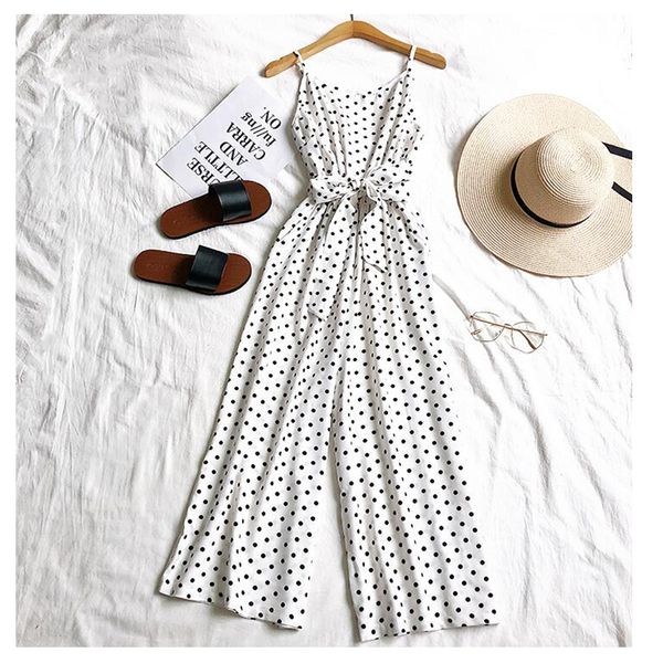 

2020 new fashion casual jumpsuit rompers women vintage polka dot print bandage bodysuit summer wide leg pants pp-248, Black;white