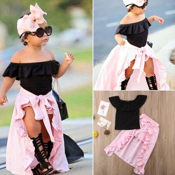 

pudcoco girl set 1y-5y 3pcs kids baby girl off shoulder t-shirt shorts skirt clothes outfit, White