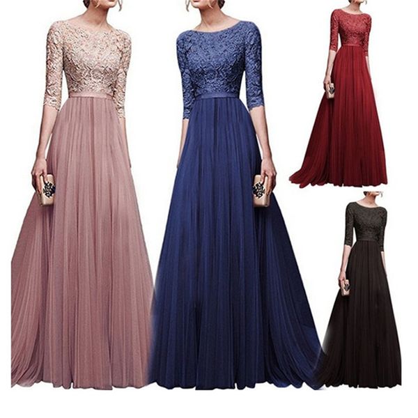 

wipalo 2019 elegant half sleeve chiffon lace stitching floor length maxi women party prom formal dress plus size vestidos robe, Black;pink