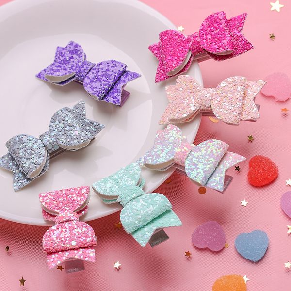

2pcs cute mini bows hairpins kids double layer glitter bow hair clips sequins baby girls princess headdress bow-knot headwear, Slivery;white